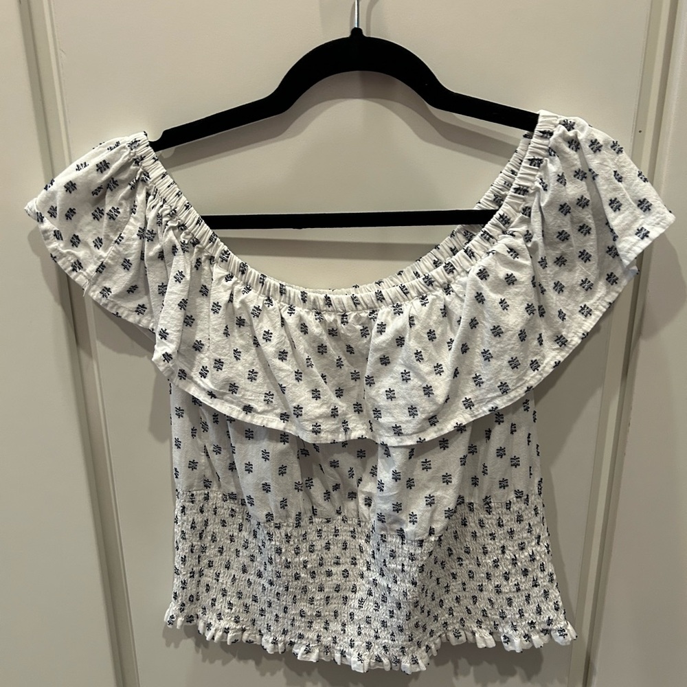 Ruffled Smocked Crop Blouse in White and Navy